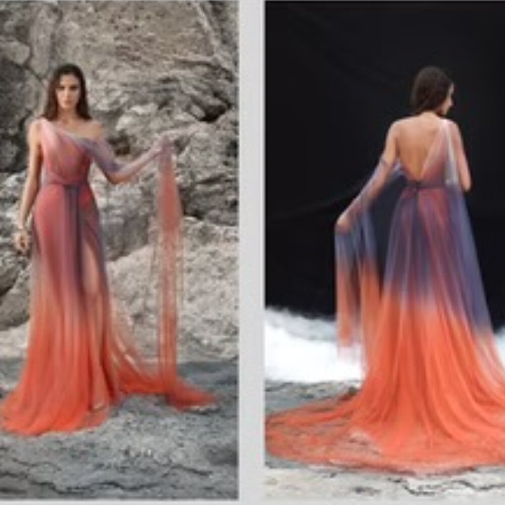 Elegant One-Shoulder Gradient Tulle Prom Dress with Slit - Size 8